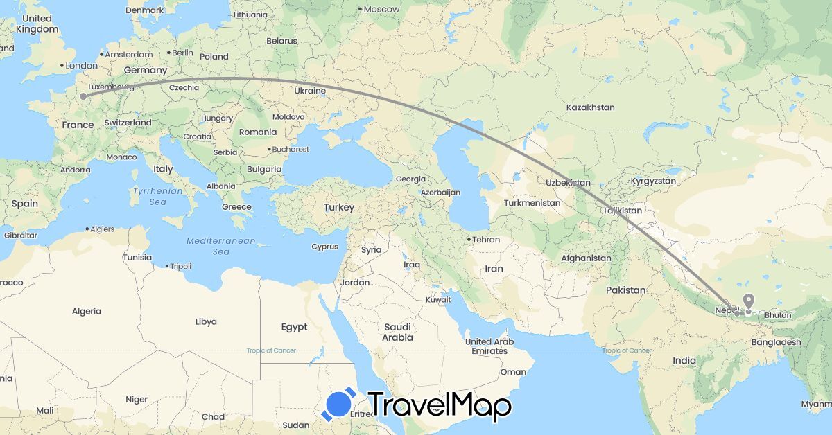 TravelMap itinerary: driving, plane in France, Nepal (Asia, Europe)